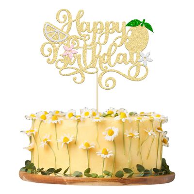 Gyufise 1Pcs Lemon Happy Birthday Cake Topper Assembled Glitter Fruit Theme Lemonade Party Cake Pick Decorations for Lemon Theme Baby Shower Kids Boys Girls Birthday Party Supplies