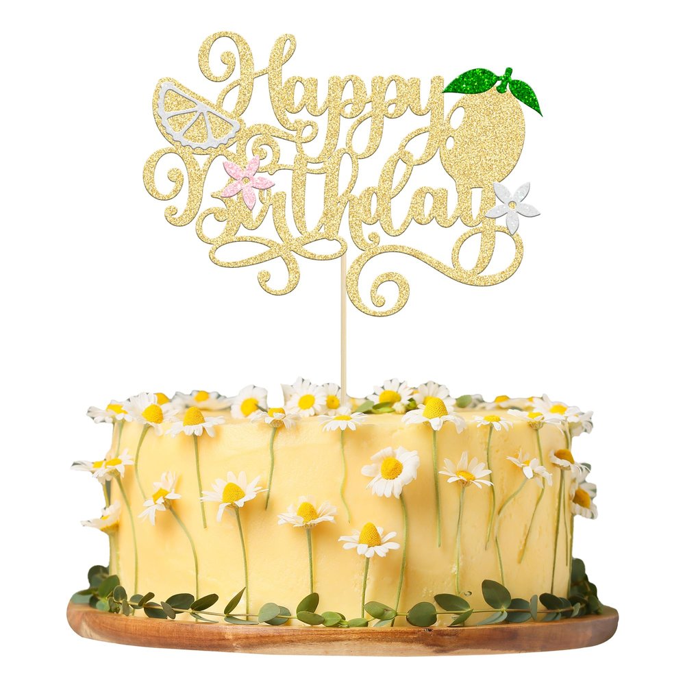 Gyufise 1Pcs Lemon Happy Birthday Cake Topper Assembled Glitter Fruit Theme Lemonade Party Cake Pick Decorations for Lemon Theme Baby Shower Kids Boys Girls Birthday Party Supplies