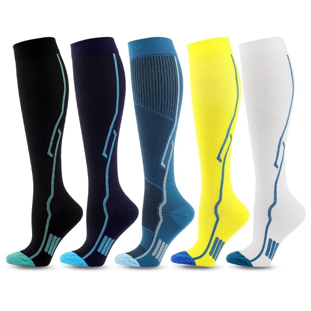 5Pcs Compression Socks for Men and Women, Flight Socks Compression Stockings Knee High Socks for Running, Sport, Medical, Athletic, Airplane Travel, Pregnant Woman