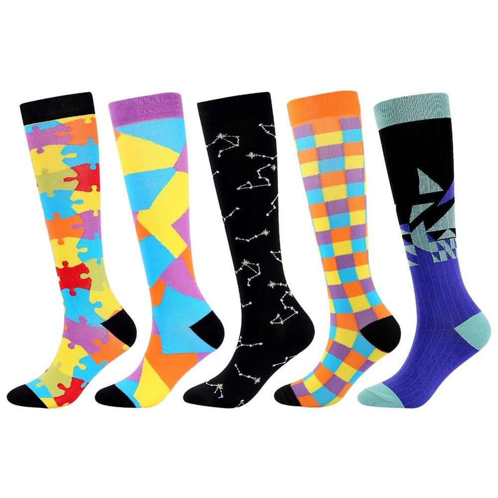 5Pcs Compression Socks for Men and Women, Flight Socks Compression Stockings Knee High Socks for Running, Sport, Medical, Athletic, Airplane Travel, Pregnant Woman