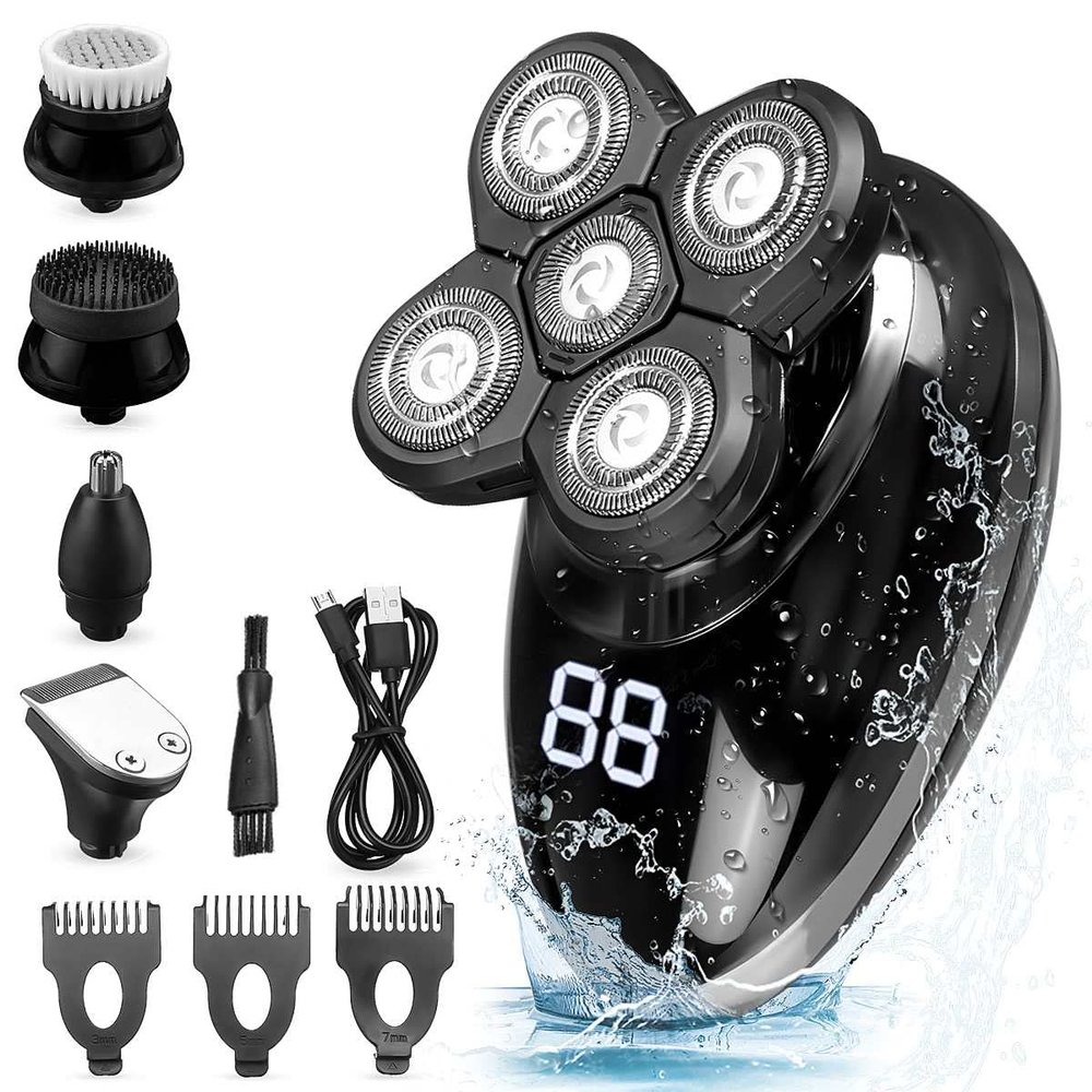 Electric Razor for Men's, 5 In 1 Men's Rechargeable Bald Head Electric Shaver 5 Floating Heads Beard Nose Ear Hair Trimmer Razor Clipper Facial Brush