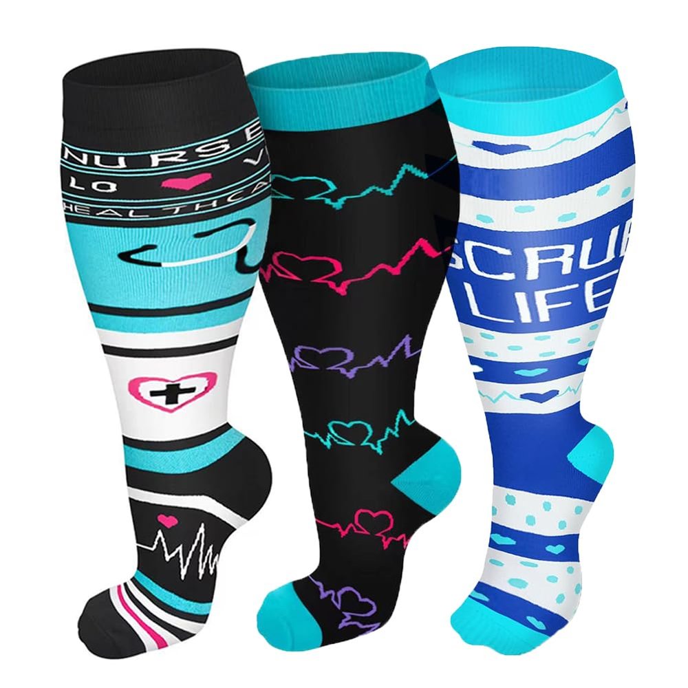 3 Pack Plus Size Compression Socks for Women and Men, 20-30mmhg Extra Large Wide Calf Knee High Stockings for Circulation Support (3XL, WQH166)