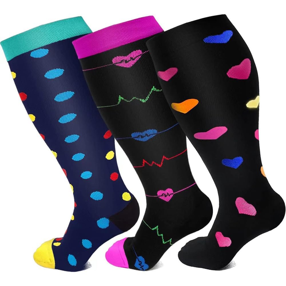 Cheeroyal 3 Pack Plus Size Compression Socks for Women and Men, 20-30mmhg Extra Large Wide Calf Knee High Stockings for Circulation Support (7XL, YS001-6+13+18)