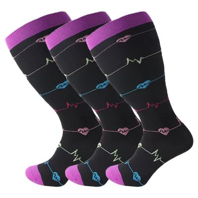 3 Pack Plus Size Compression Socks for Women and Men, 20-30mmhg Extra Large Wide Calf Knee High Stockings for Circulation Support (2XL, YS001-6)