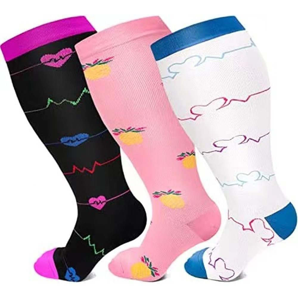 3 Pack Plus Size Compression Socks for Women and Men, 20-30mmhg Extra Large Wide Calf Knee High Stockings for Circulation Support (4XL, YS001-6+46+65)