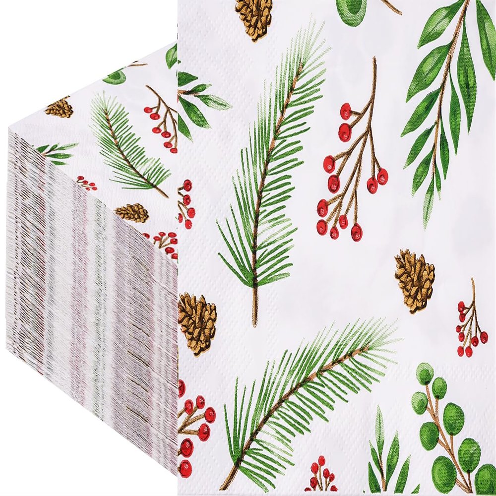 100 Christmas Cocktail Napkins Holiday Disposable Napkins, 3 Ply Holly Mistletoe Berries Greenery Beverage Guest Hand Towels for Xmas Holiday Party Home Dinner Kitchen Bathroom Powder Room