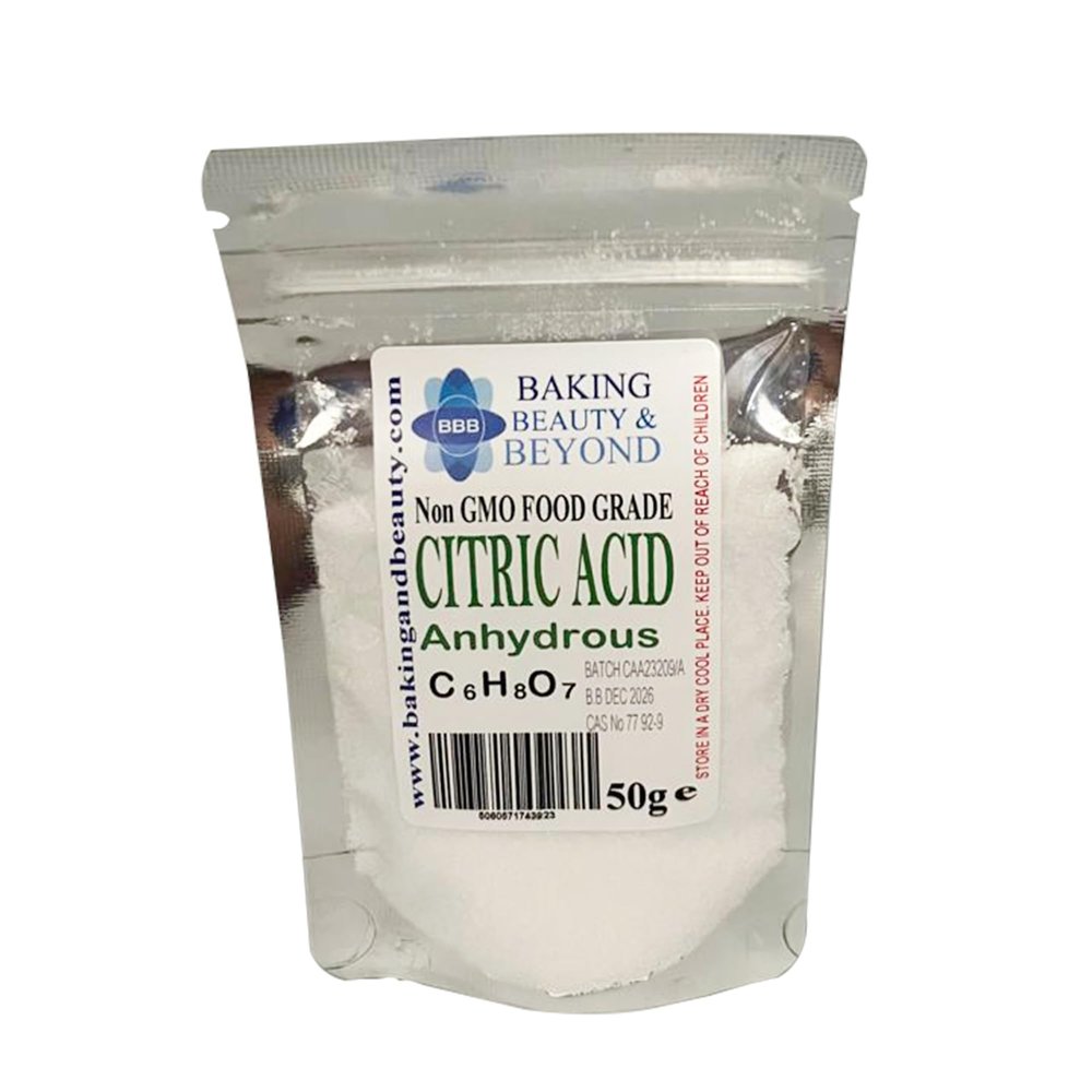 Baking Beauty and Beyond Food Grade Anhydrous Citric Acid - Non-GMO, Premium Quality Acid Perfect for BathBomb, Wine making, cleaning, descaling, Food additive, and cosmetics - 50g