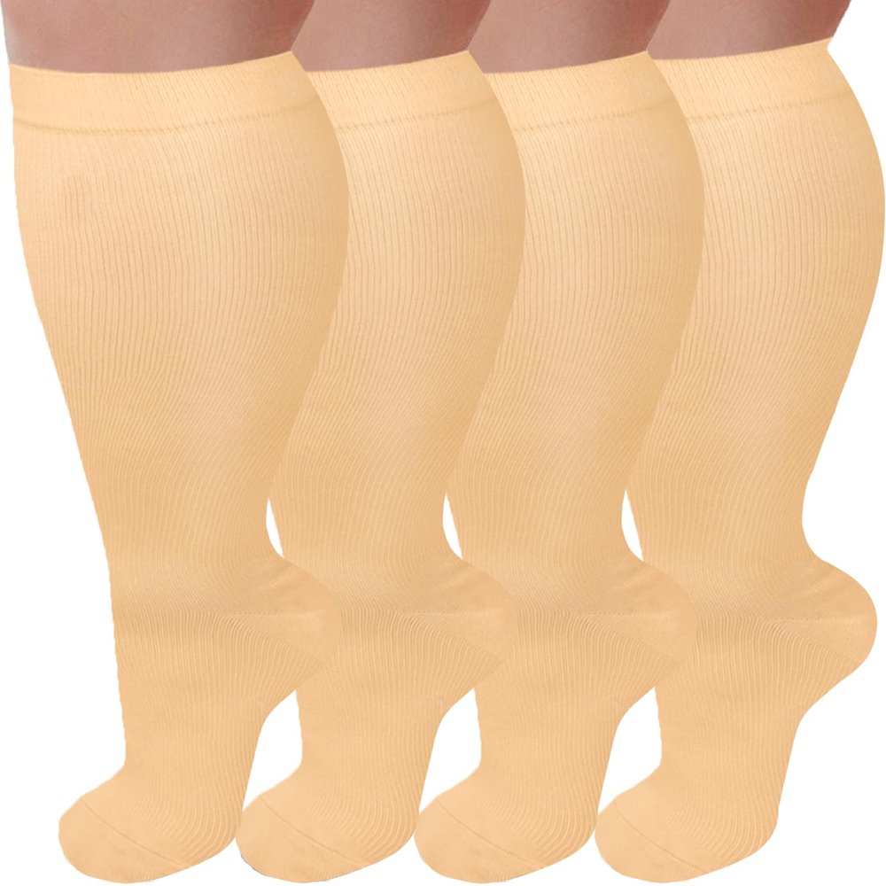 3 Pairs Plus Size Compression Socks for Women and Men Wide Calf 20-30mmhg Extra Large Knee High Support for Circulation, 02-4 Nude, 4X-Large