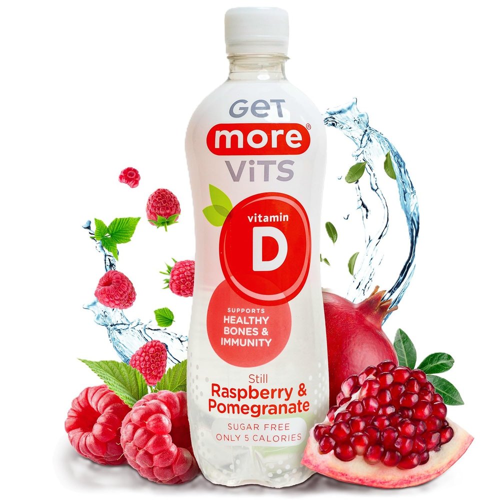 Get More Vits - Vitamin D Still Raspberry & Pomegranate Spring Water (12 x 500ml), Support Healthy Bones, Teeth & Muscles, Boost Immune System, Sugar Free, Low Calorie, Natural Flavours, Vegetarian
