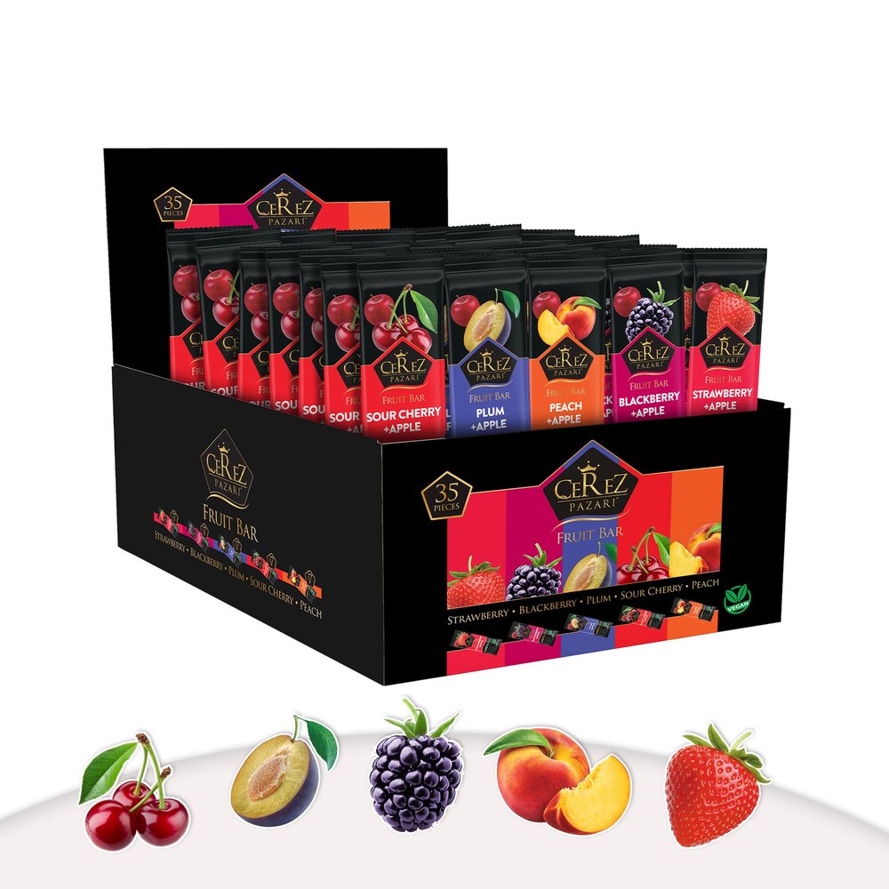 Cerez Pazari Dried Fruit Roll Ups, 25g x 35 pack Snacks Variety Pack for Kids, Vegan Real Fruit Bars, Healthy Snacks with Strawberry, Blackberry, Plum, Sour Cherry and Peach