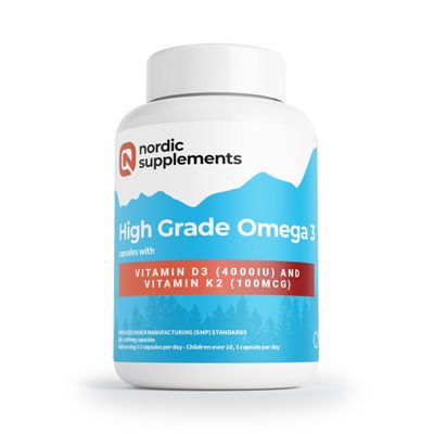 Nordic Supplements Omega 3 Fish Oil 1000mg with Vitamin D3 4000IU & K2 MK-7 100g  High Strength Triple Formula for Heart, Brain, Vision, Immune & Bone Health  180 Capsules  Burp-Free & Ultra-Pure