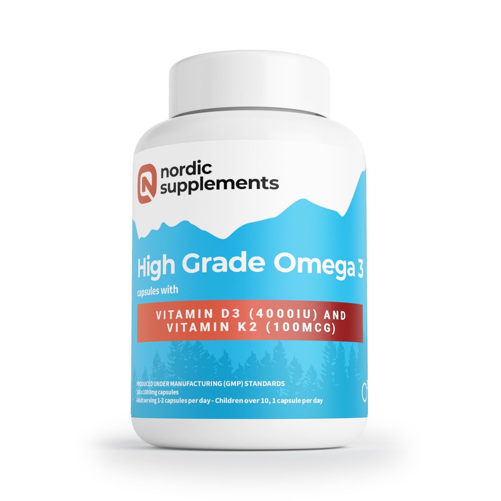 Nordic Supplements Omega 3 Fish Oil 1000mg with Vitamin D3 4000IU & K2 MK-7 100g  High Strength Triple Formula for Heart, Brain, Vision, Immune & Bone Health  180 Capsules  Burp-Free & Ultra-Pure