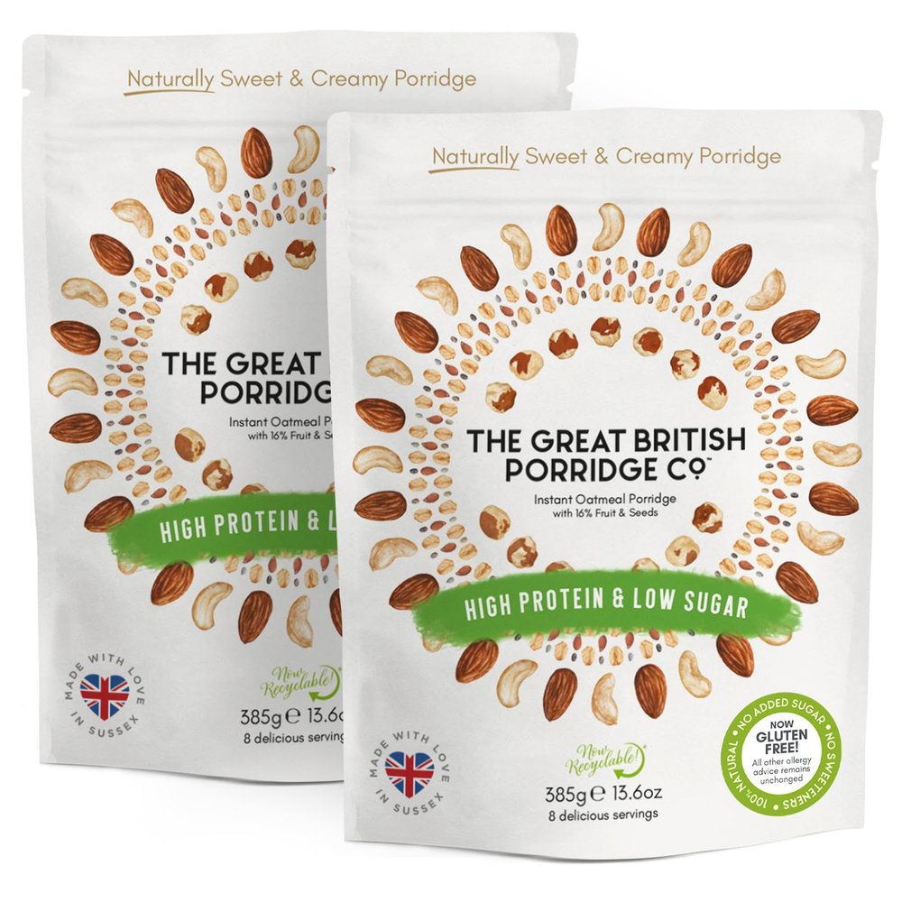 High Protein & Low Sugar Gluten-Free Instant Oatmeal Porridge from The Great British Porridge Co - Naturally Sweet & Creamy Porridge Oats - 2 x 385g Pouch - 100% Natural, Plant Based, High Fibre