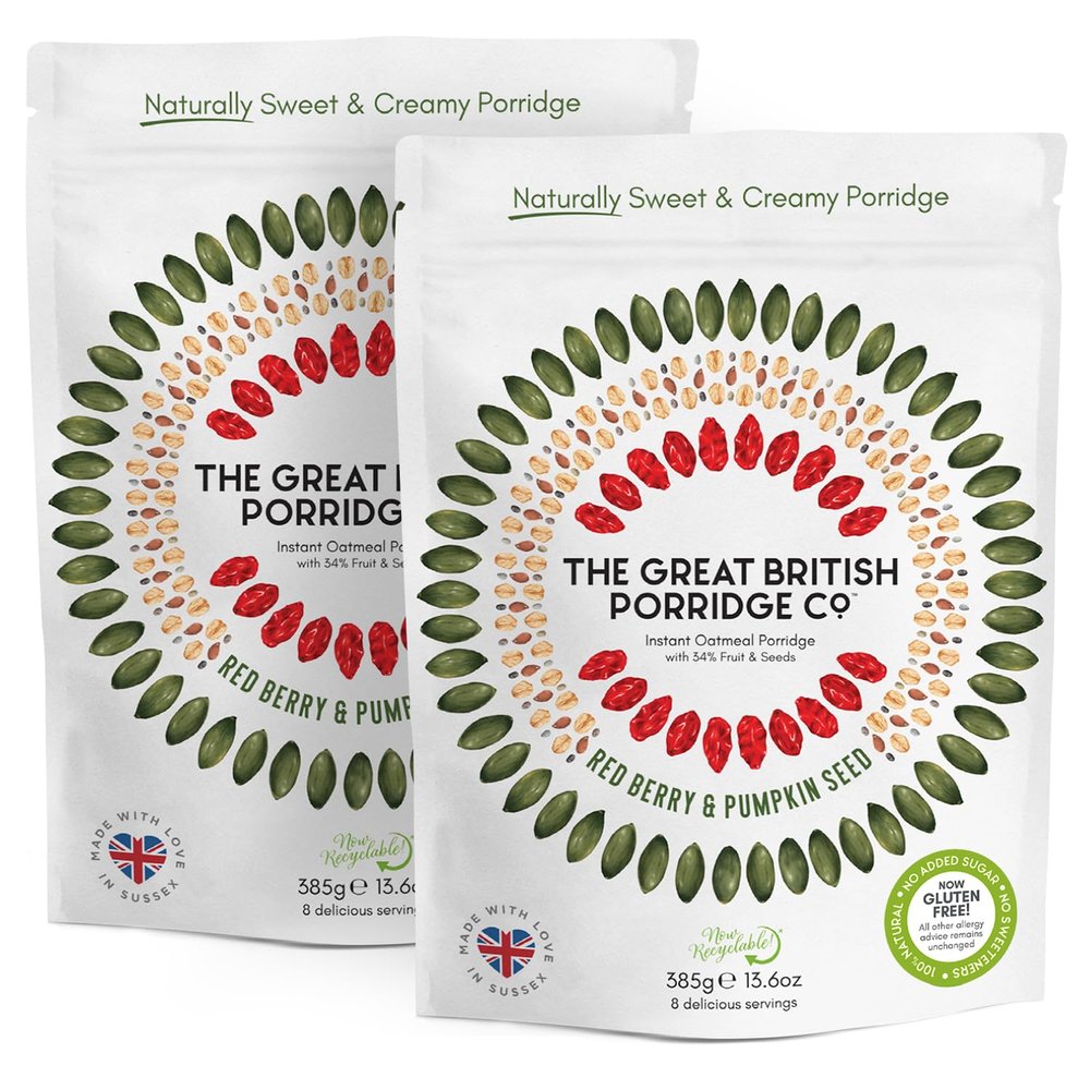 Red Berry & Pumpkin Seed Gluten-Free Instant Oatmeal Porridge from The Great British Porridge Co - Naturally Sweet & Creamy Porridge Oats - 2 x 385g Pouch - 100% Natural, Plant Based, High Fibre