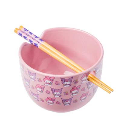 WIAONE Silver Buffalo Sanrio My Melody and Kuromi Pastel Floral Pattern Ceramic Ramen Bowl with Chopsticks, 20 Ounces, Purple/Multi
