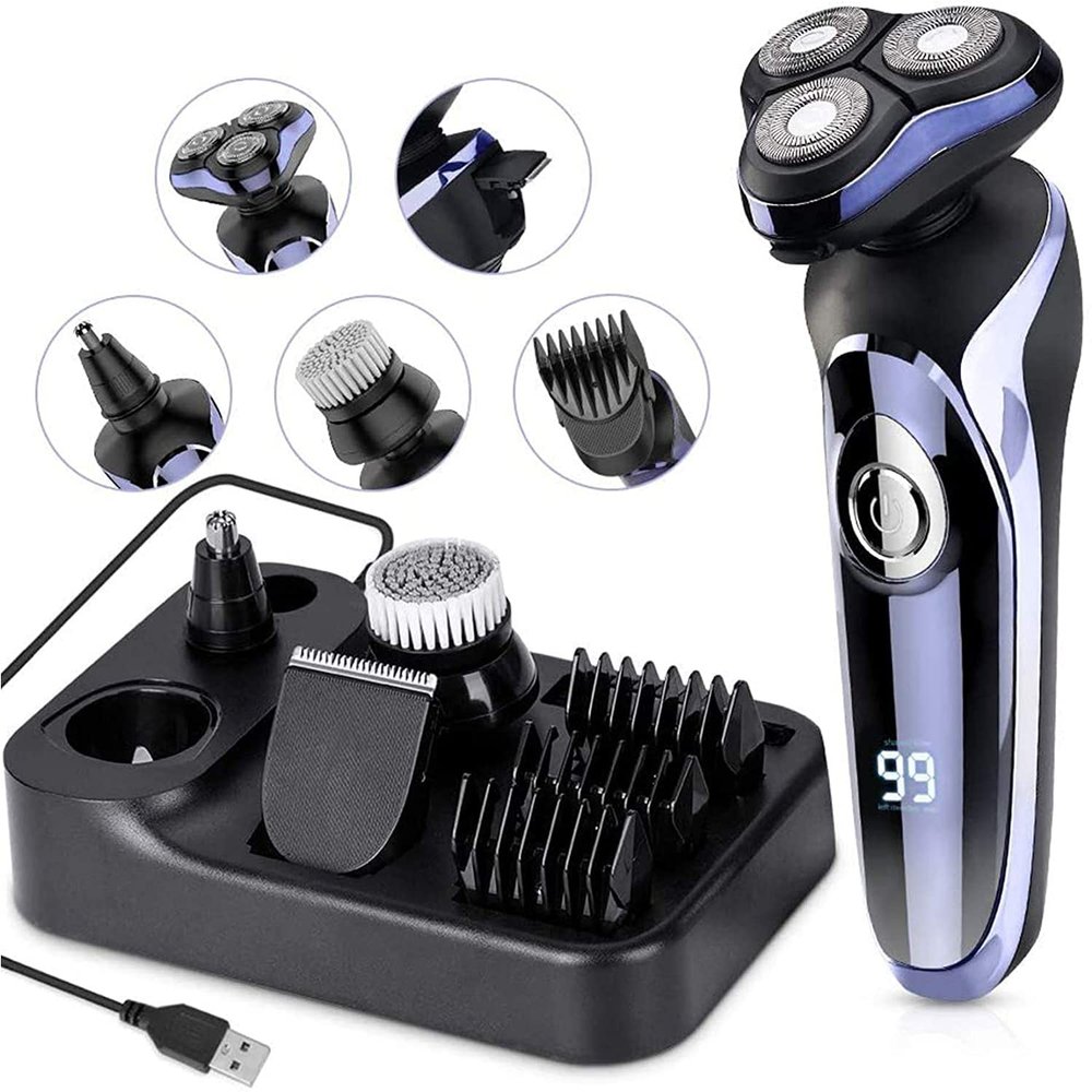 Electric Razor for Men's, 5 in 1 Electric Razor for Men Hair Clipper Rotary Shaver Beard Trimmer Waterproof USB Fast Charging Cordless Nose Hair Trimmer