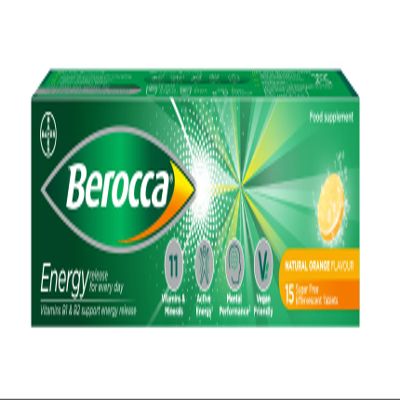 Berocca Vitamin C Effervescent Tablets, with Magnesium, Vitamin B12 and Vitamin B Complex (B1, B2, B3, B5, B6, B7, B9 and B12), Orange Flavour Tablets, 15 Tablets