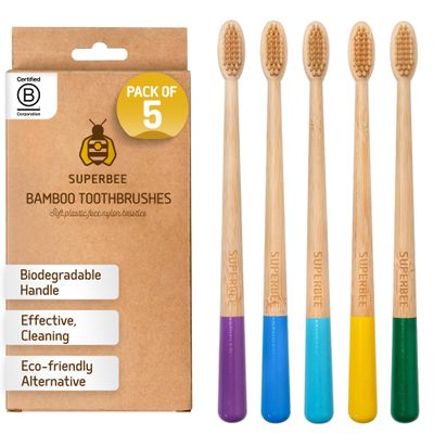 SuperBee Bamboo Toothbrush 5 Pack Soft Bristles for Adults and Kids