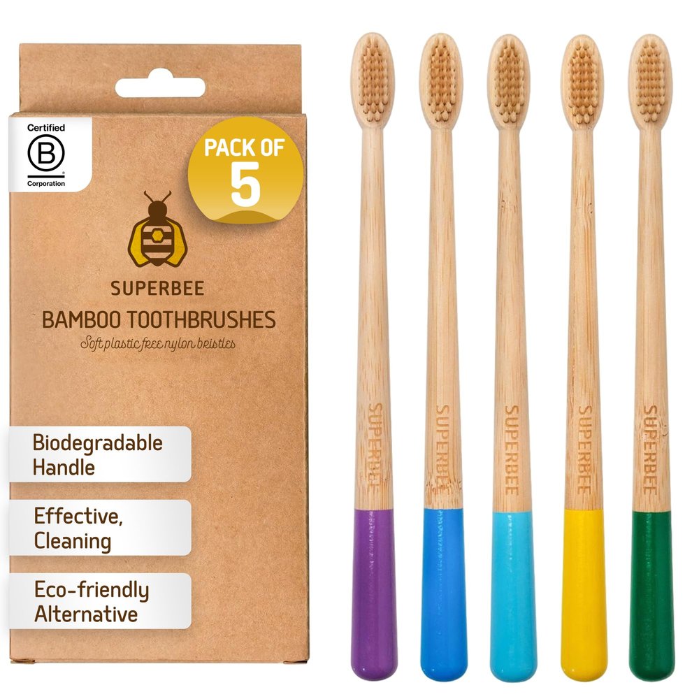 SuperBee Bamboo Toothbrush 5 Pack Soft Bristles for Adults and Kids