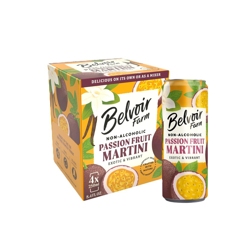 Belvoir Farm - Non-Alcoholic Passionfruit Martini, Exotic and Vibrant, 100% Natural Tropical Fruit Juices, Crafted with Nature, Gluten Free, Suitable for Vegetarians & Vegans 4x250ml