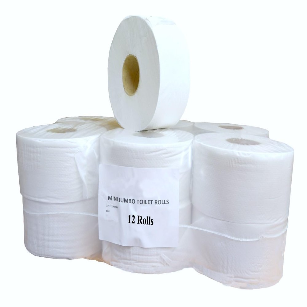 12 Rolls - Mini Jumbo Toilet Rolls | Soft 2Ply White Toilet Tissue Paper Quick Dissolving Absorbent Tissue Rolls | Home and Commercial Use