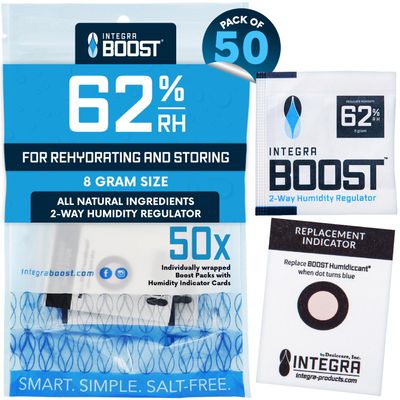 Integra Boost 62% RH, 2 Way Humidity Control Packs 8g Size for Storing 1 oz Pack of 50 Moisture Absorbers for Small Jars & Containers Humidifier Packets for Herbs & Spices & Food Storage