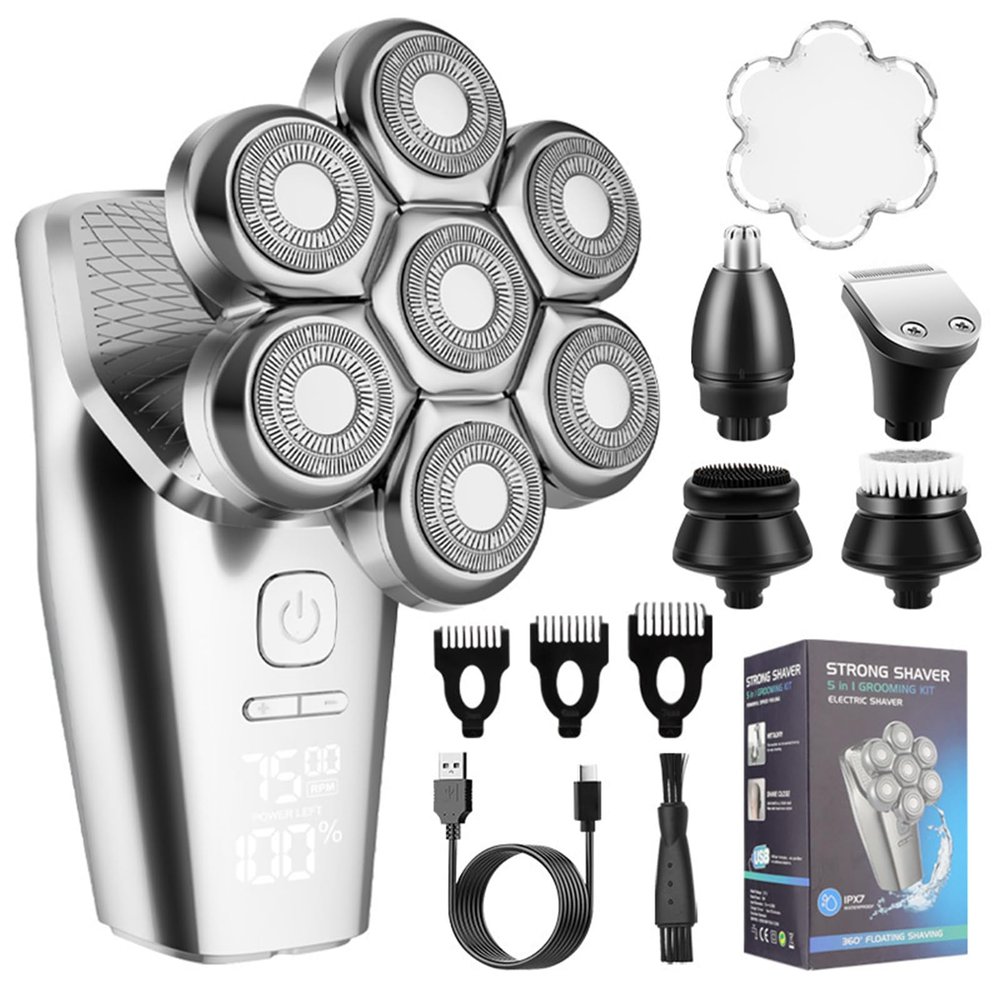 Layhou Electric Bald Shaver for Men 7 Floating Heads Beard Razor Hair Clipper Facial Cleaner Massager Nose Trimmer IPX7 Fully Washable USB Rechargeable LCD Digital Display