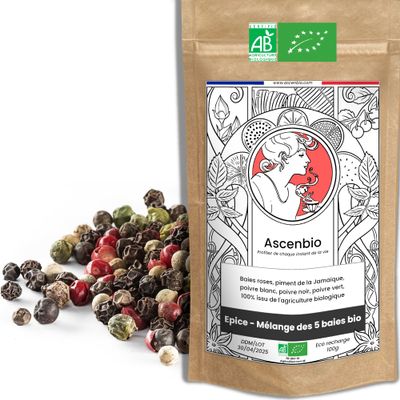 Ascenbio - Spice - Mix of 5 Organic Berries - 100g - Prepared and packaged in France - Biodegradable Packaging