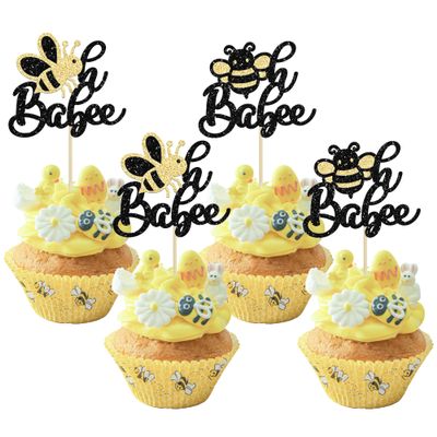 24Pcs Bumble Bee Cupcake Toppers Glitter Oh Babee Cupcake Picks Decorations for Bee Theme Baby Shower Kids Birthday Party Decorations Supplies Black