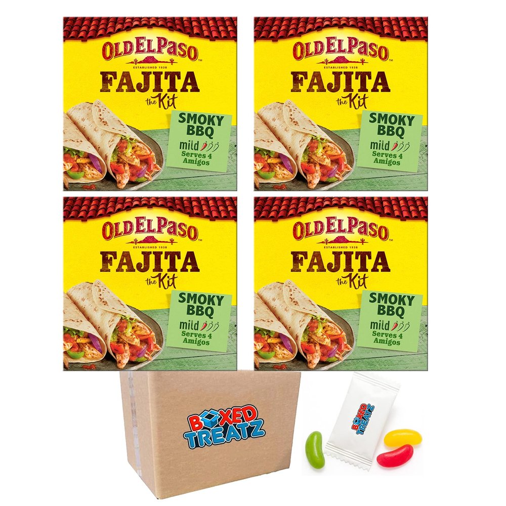 Old El Paso Smoky BBQ Fajita Dinner Kit - Pack Of 4 x 500g - Includes 8 Soft Flour Tortillas, Tomato Topping Salsa, BBQ Fajitas Seasoning Mix Boxed Treatz