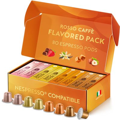 ROSSO CAFF Nespresso Machine Compatible "Reserve Flavour Pack" 80 Capsules, 4 Rich and Balanced Flavours (Chocolate, Vanilla, Crme Caramel, Hazelnut) - Made in Italy