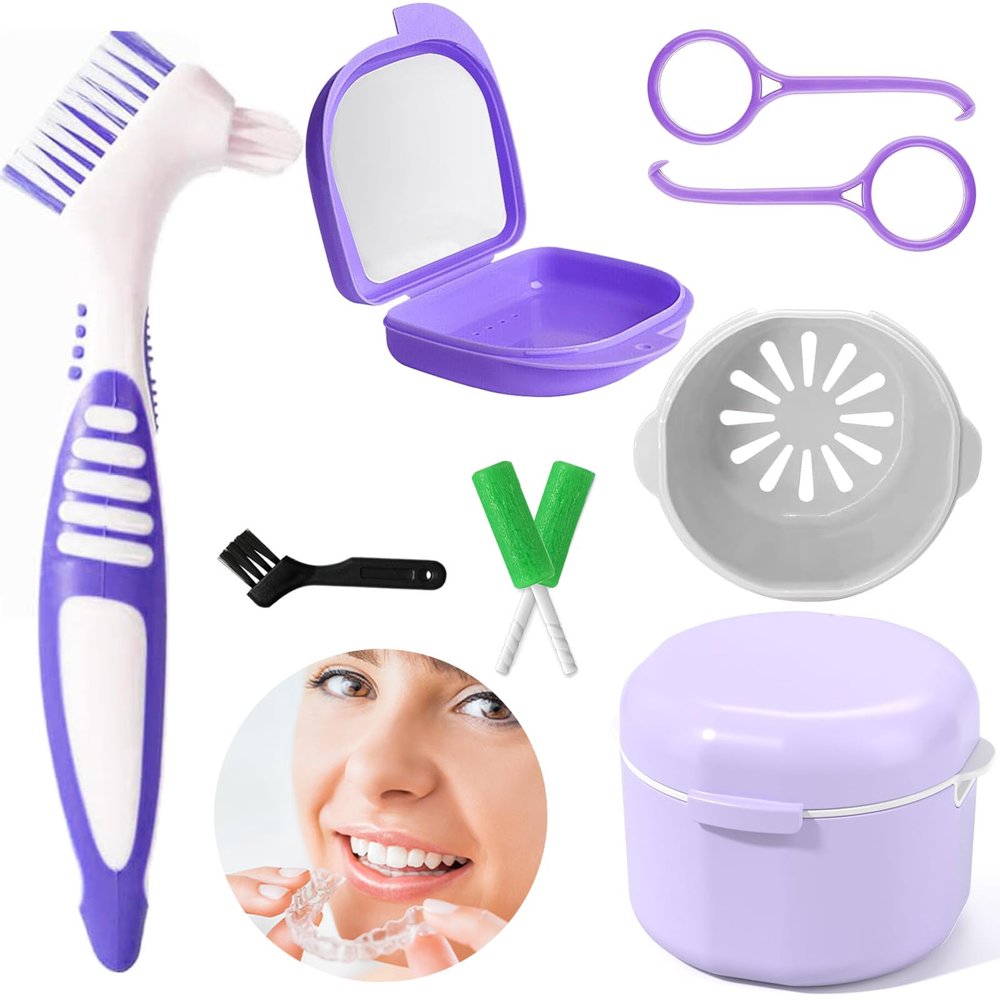 Denture Box Set, Retainer Case Denture Bath Cleaning kit, Denture Box with Mirror, with 2 Aligner Removal Tool, Chewies and Denture Brush for Braces Or Dentures Cleaning Storage for Travel