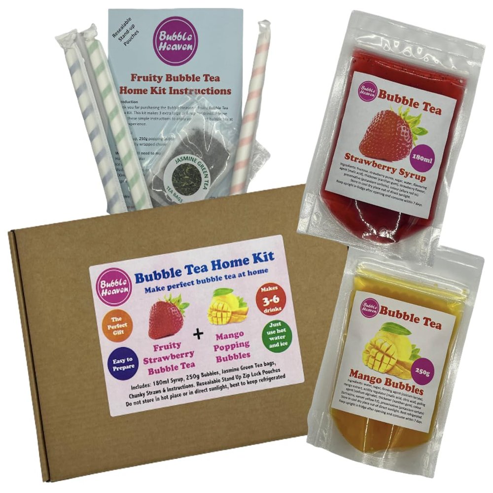 Bubble Heaven Fruity Bubble Tea with Popping Bobas Home Kit 3 to 6 Drinks (Strawberry & Mango)