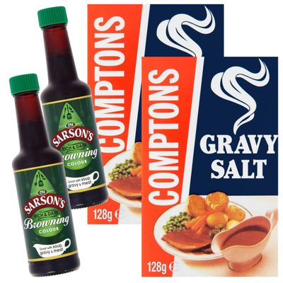 Sarsons Gravy Browning 150ml x2 With Comptons Gravy Salt 128g x2 (4 Pack Mixed Seasoning Bundle)