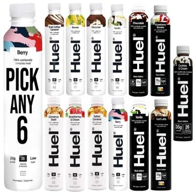 Huel PICK ANY 6 Ready To Drink Nutritionally Complete Meal from 8+ Flavours Inc.Chocolate, Banana, Vanilla, Berry, Salted Caramel, Iced Coffee Caramel, Strawberries & Cream, BLACK EDITION (Each 500ml)