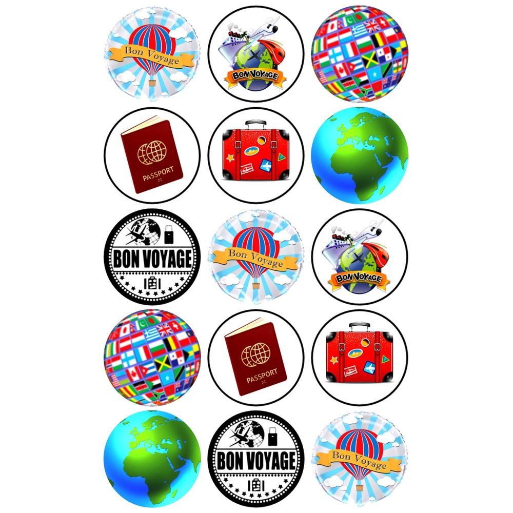 15 x Bon Voyage Mix Edible Wafer Card Fairy Cupcake Toppers Cake Party Decorations