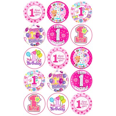 15 x 1st Birthday Pink Girl Mix Edible Wafer Card Cupcake Toppers Cake Party Decorations