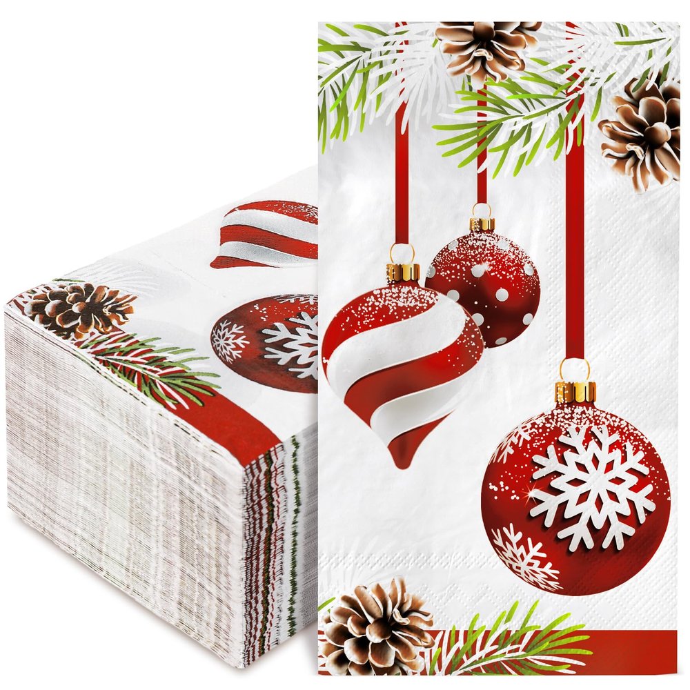 100 Pack Christmas Guest Napkins Xmas Hanging Ball Pine Cone Pattern Disposable Paper Napkins Xmas Holiday Dinner Hand Napkin for Home Kitchen Bathroom, 13 x 15.7 Inch
