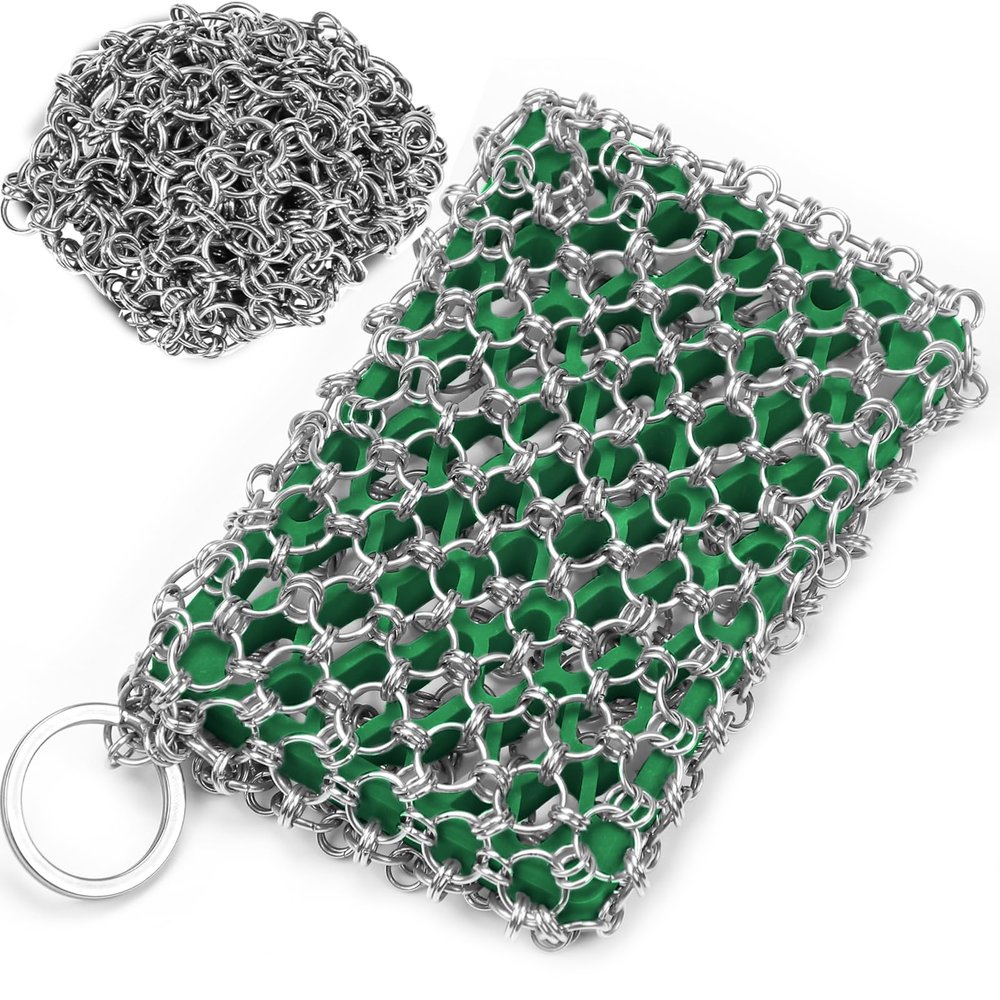2in1 Chainmail Scrubber for Cast Iron Pans - Detachable Cast Iron Cleaner Chain Mail Scrubber, Cast Iron Skillet Scrubber Cast Iron Cleaning Chain Scrubber for Cast Iron, Dutch Oven, Carbon Steel Pan