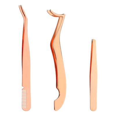 3pcs Eyelash Tweezers Set, 3 Styles Eyelash Extension Tweezers Tool Stainless Steel Eyebrow Tweezers Lash Clip Applicator Tweezers Eyelash Tweezers for Clusters False Lashes Makeup (Rose Gold)