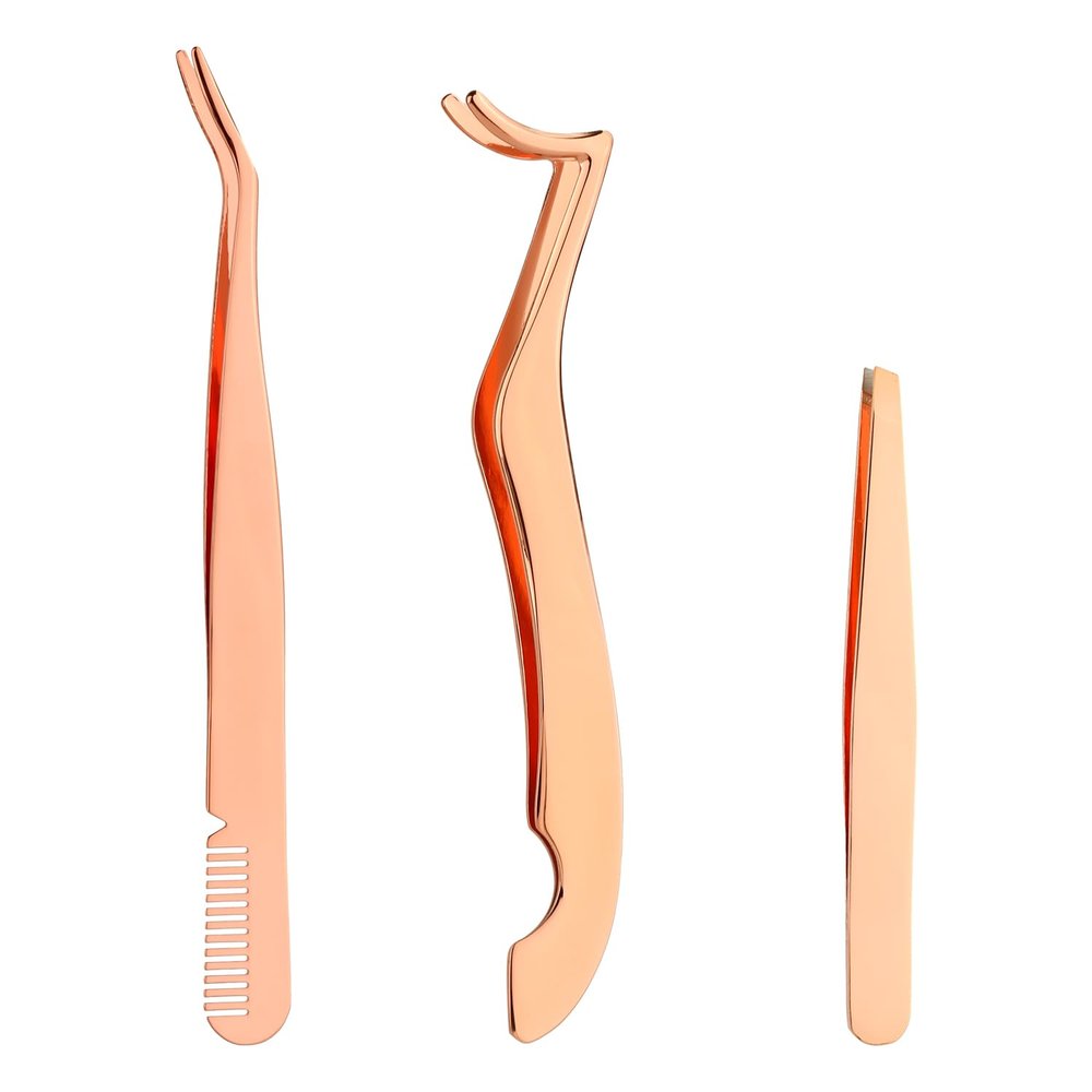 3pcs Eyelash Tweezers Set, 3 Styles Eyelash Extension Tweezers Tool Stainless Steel Eyebrow Tweezers Lash Clip Applicator Tweezers Eyelash Tweezers for Clusters False Lashes Makeup (Rose Gold)