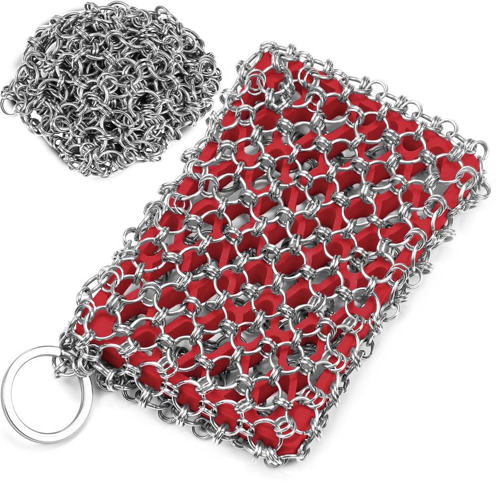 [Dual-use] Cast Iron Scrubber Cleaner - 316 SS Chain Mail Scrubber | Detachable Chainmail Scrubber - Cast Iron Pan Pot Skillet Scrubber - Metal Scrub Pad Cleaning Kit to Clean Cast Iron,Dutch Oven,Wok