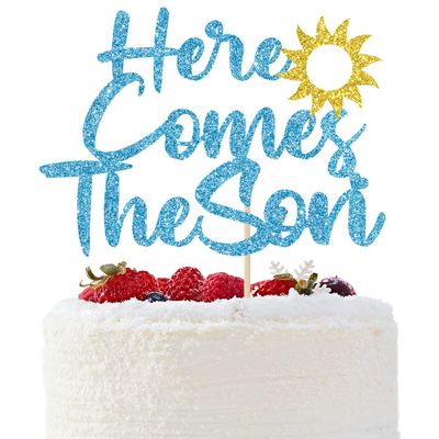 Here Comes The Son Cake Topper - Sun Baby Shower Cake Topper - Welcome Little Sunshine, Sunshine Boy Baby Shower Party Decorations Blue Glitter