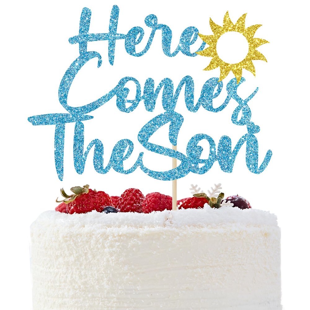 Here Comes The Son Cake Topper - Sun Baby Shower Cake Topper - Welcome Little Sunshine, Sunshine Boy Baby Shower Party Decorations Blue Glitter