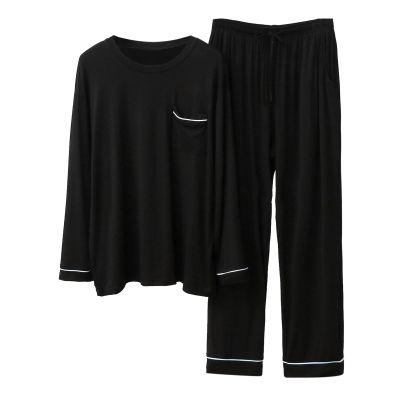Mymyguoe Men's Pyjama Set Sleepwear Pyjamas Long Sleeve Leisure Suit Sleepwear Men's Two Piece Set Crew Neck Long Sleeve Top and Checked Pyjama Bottoms with Pocket Sleepwear Leisure Suit, A Black, L