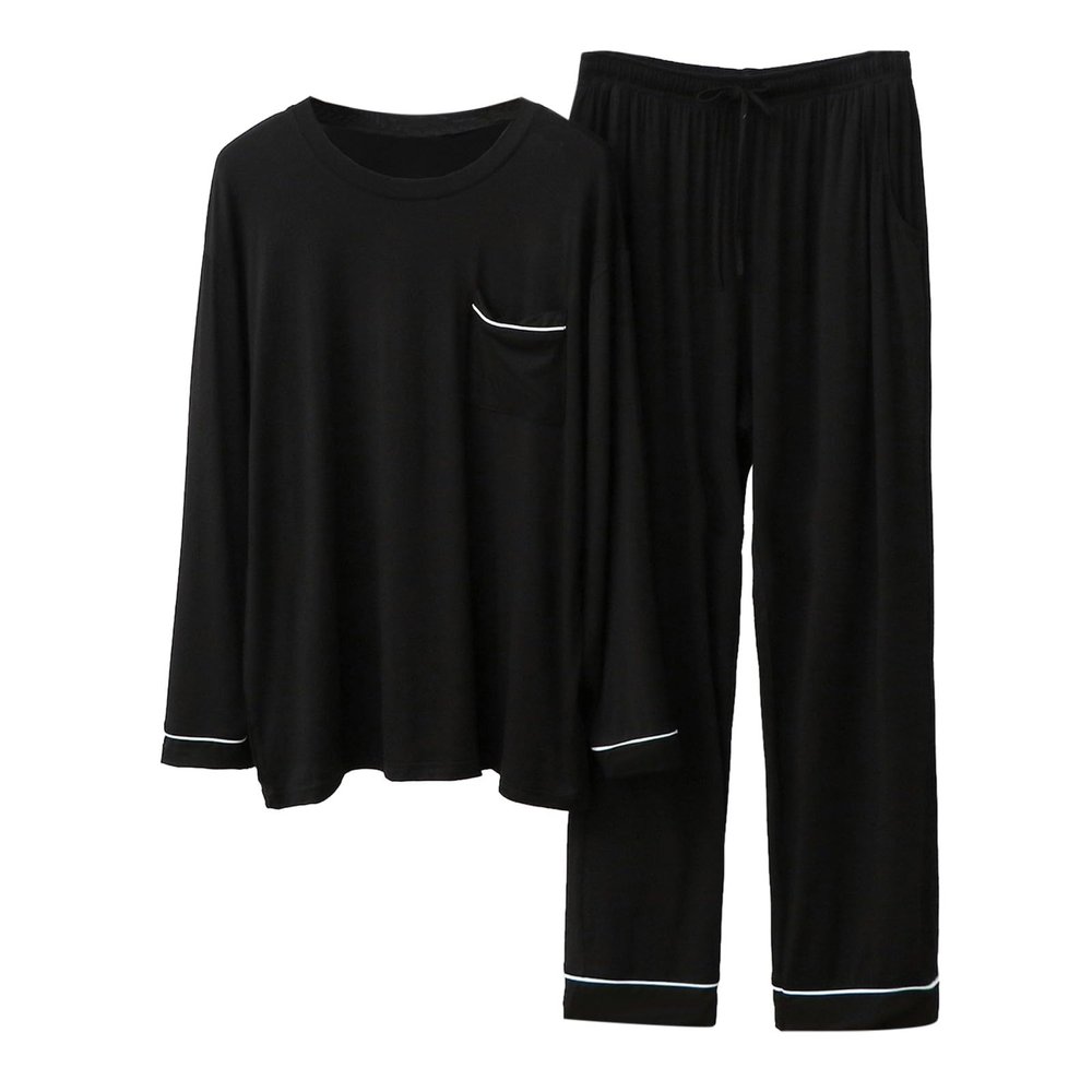 Mymyguoe Men's Pyjama Set Sleepwear Pyjamas Long Sleeve Leisure Suit Sleepwear Men's Two Piece Set Crew Neck Long Sleeve Top and Checked Pyjama Bottoms with Pocket Sleepwear Leisure Suit, A Black, L