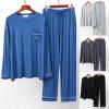 Mymyguoe Men's Pyjama Set Sleepwear Pyjamas Long Sleeve Leisure Suit Sleepwear Men's Two Piece Set Crew Neck Long Sleeve Top and Checked Pyjama Bottoms with Pocket Sleepwear Leisure Suit, A Black, L view 2