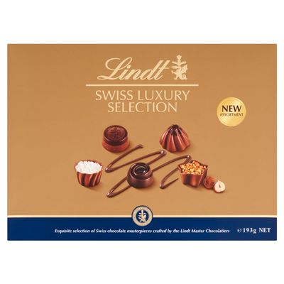 Lindt Swiss Luxury Selection  193g Medium Gift Box  19 Assorted Milk, Dark & White Chocolates  Mothers Day, Easter, Gift for Him & Her