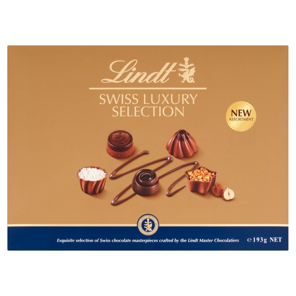 Lindt Swiss Luxury Selection  193g Medium Gift Box  19 Assorted Milk, Dark & White Chocolates  Mothers Day, Easter, Gift for Him & Her