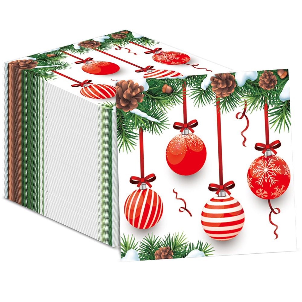 100pcs Christmas Guest Napkins 3 Ply Disposable Paper Pack Christmas balls Paper Luncheon Dinner Hand Napkins Christmas tree Theme Beverage Disposable Napkins for Xmas Party